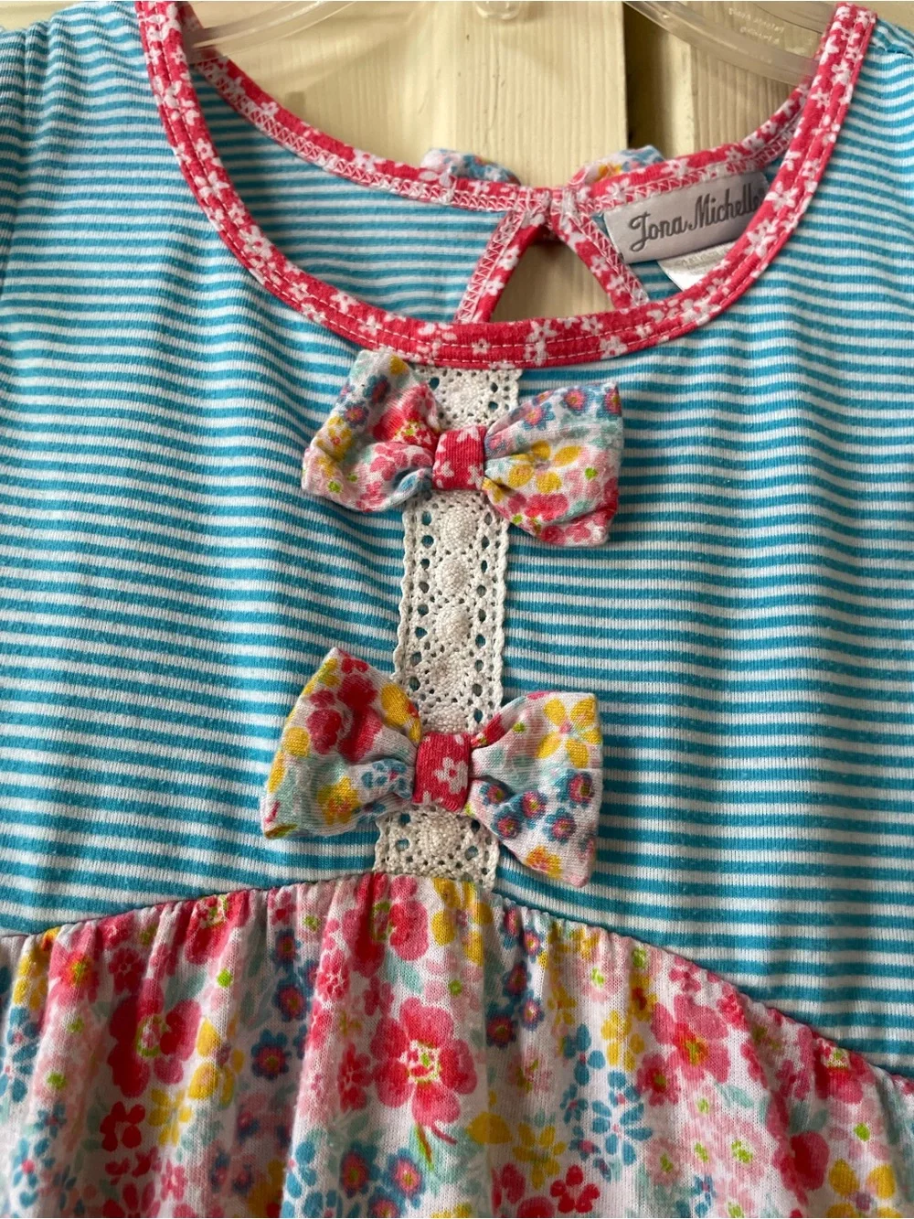 Girls Blue & Pink Floral Ruffle Tiered Dress